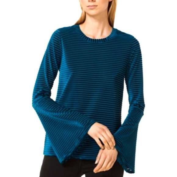 MICHAEL KORS Teal blue velvet striped bell sleeve top | X-Small * - Picture 2 of 10